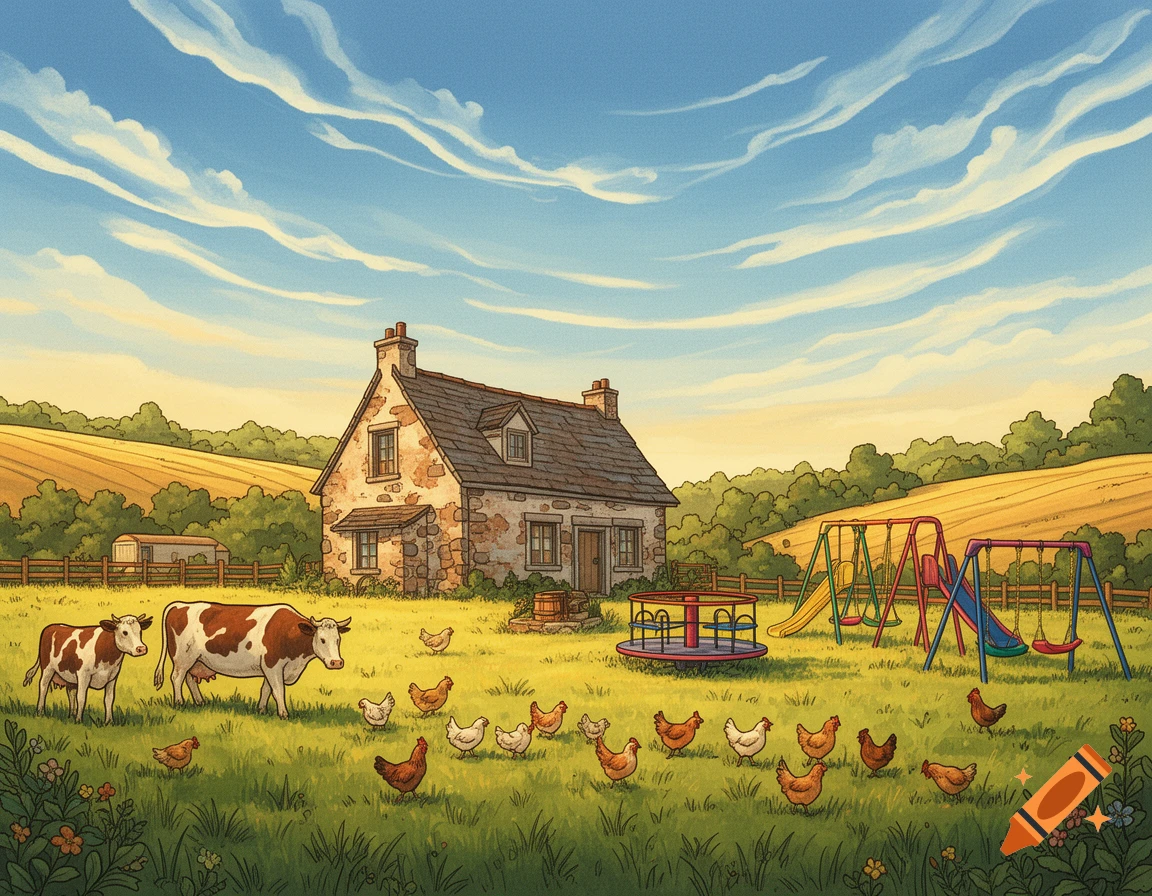 Stylized illustration of a rustic farmhouse with cows, chickens, and a playground in a sunny, grassy field.