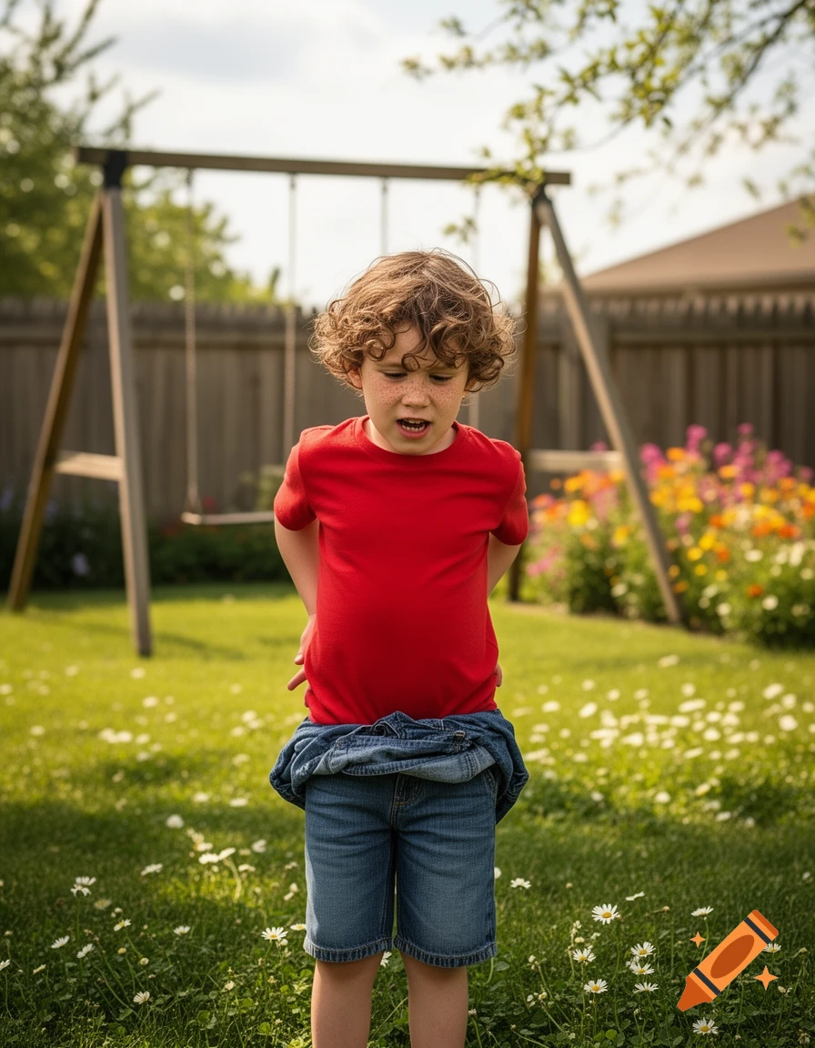 A young boy with curly hair and a red shirt stands in a sunny backyard with his denim shorts slightly falling, a swing set and flowers in the background.