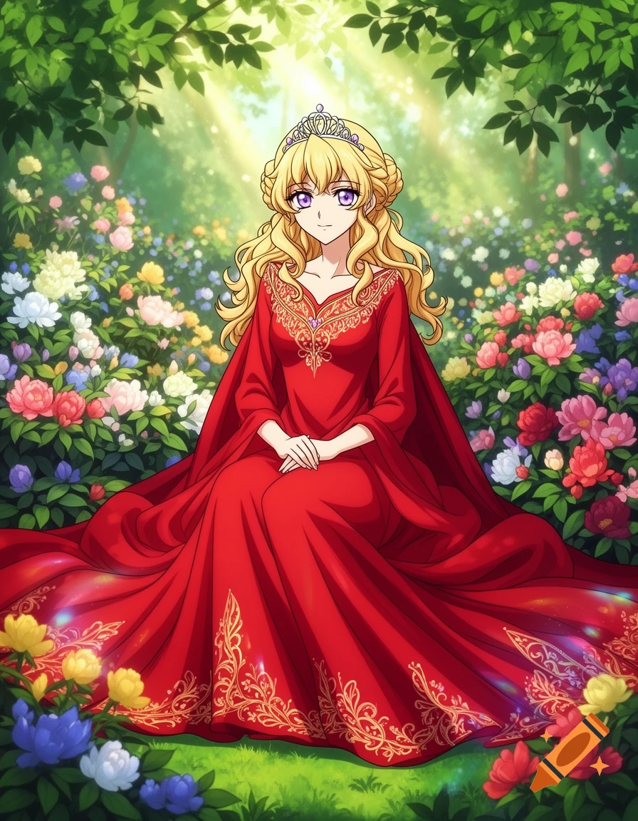 Anime princess with blonde hair and purple eyes in a red dress, sitting in a vibrant flower garden with dappled sunlight.
