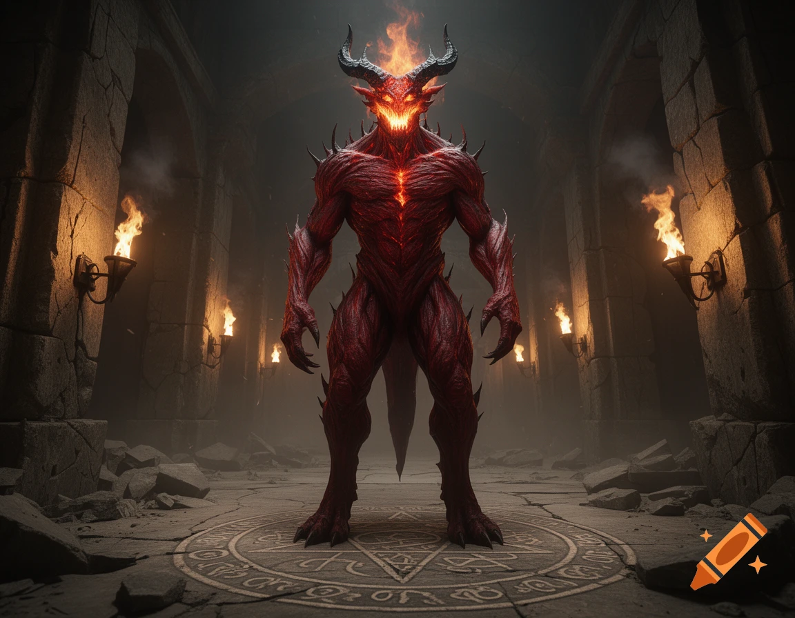 A terrifying red demon with glowing eyes, horns, and spikes stands in a ruined, torch-lit stone hall, atop a magic circle.