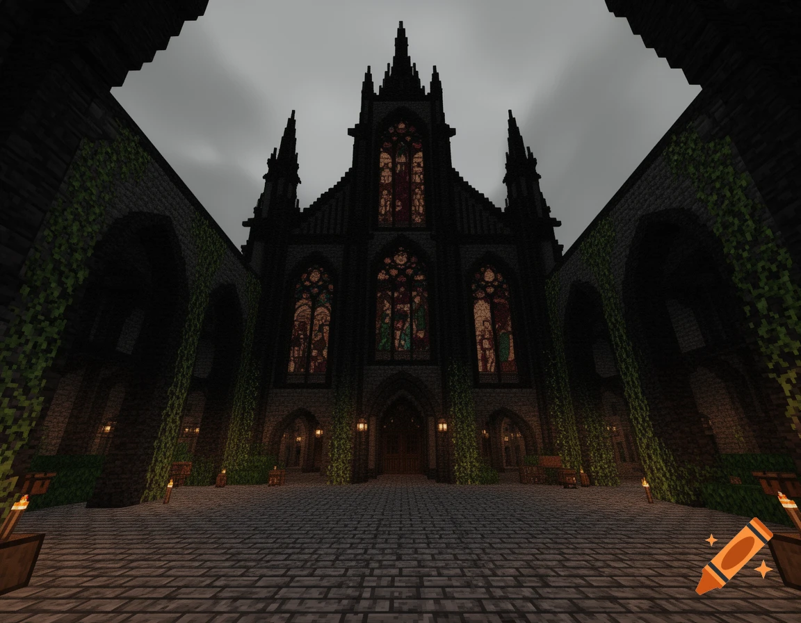 A dark Minecraft gothic cathedral with stained glass windows, ivy-covered archways, and torches under a gloomy sky.