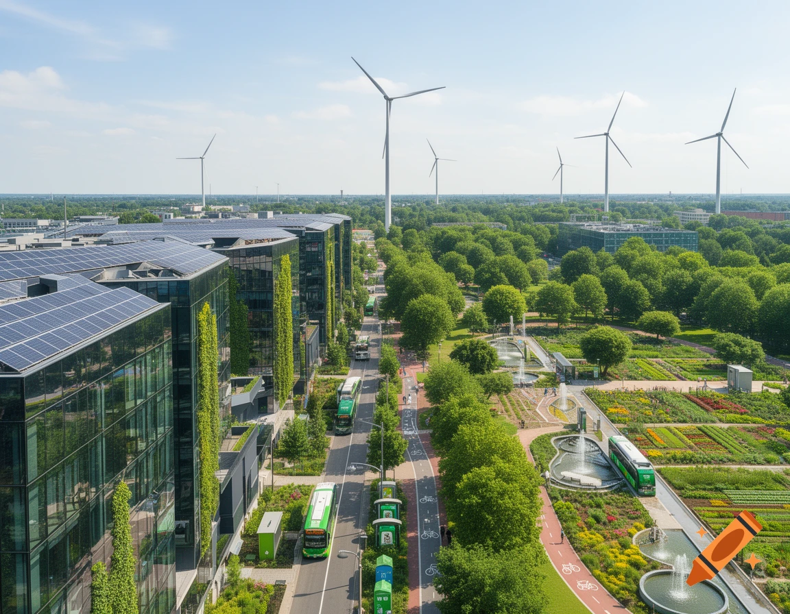 Aerial view of a sustainable city featuring solar-paneled buildings, wind turbines, green buses, bike lanes, and vibrant gardens.