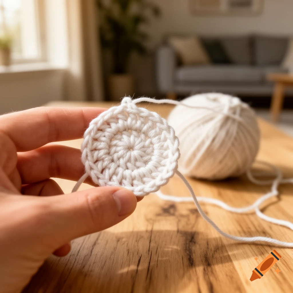 Close-up of a hand holding a small white crocheted circle, with a ball of yarn on a wooden table.