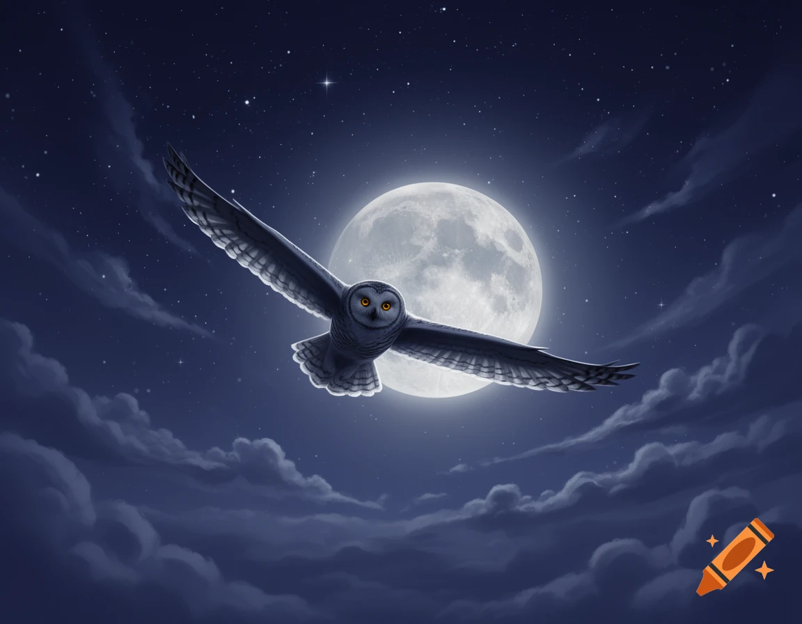 An illustrated owl with golden eyes flies through a cloudy, star-filled night sky in front of a bright full moon.