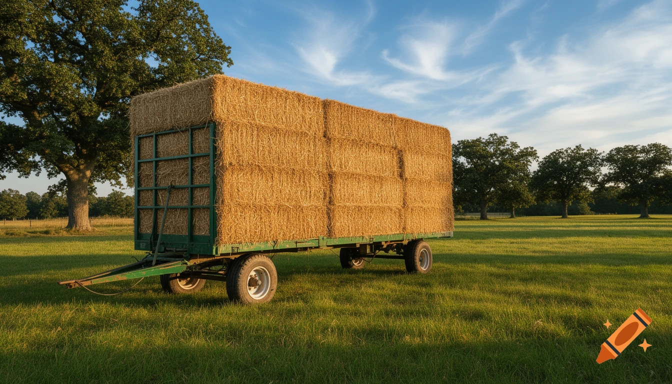 A hay trailer loaded with rectangular hay bales sits in a sunny green field under a blue sky with scattered clouds.