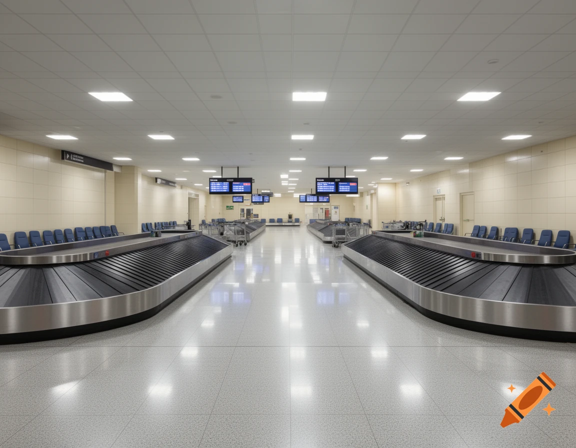 An empty, modern airport baggage claim hall featuring two carousels, rows of blue seating, and overhead flight information screens.