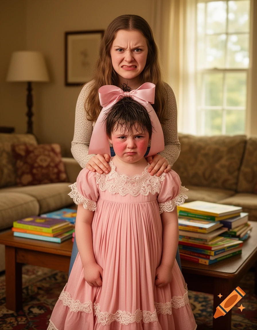 A younger child in a pink dress and large bow looks embarrassed, while an older girl behind them makes a disapproving but amused face.