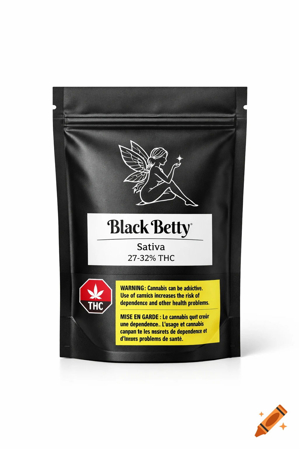 Black matte resealable pouch bag for "Black Betty" Sativa cannabis with an elegant white fairy logo, THC potency, and Canadian health warnings on a white background.