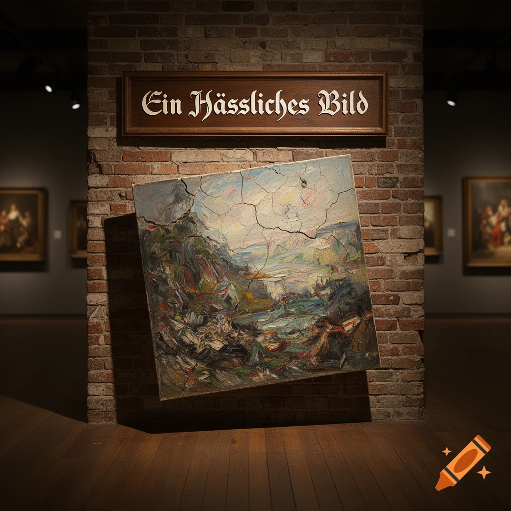 A cracked, abstract painting leaning against a brick wall in a dim art gallery, with a sign reading 'Ein Hässliches Bild'.