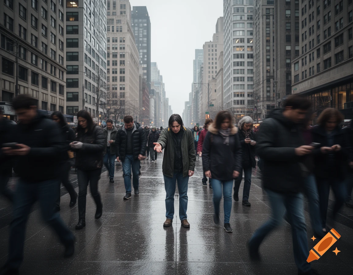 A person with outstretched arms stands alone on a wet city street, surrounded by blurred crowds ignoring them, with tall buildings in the background.