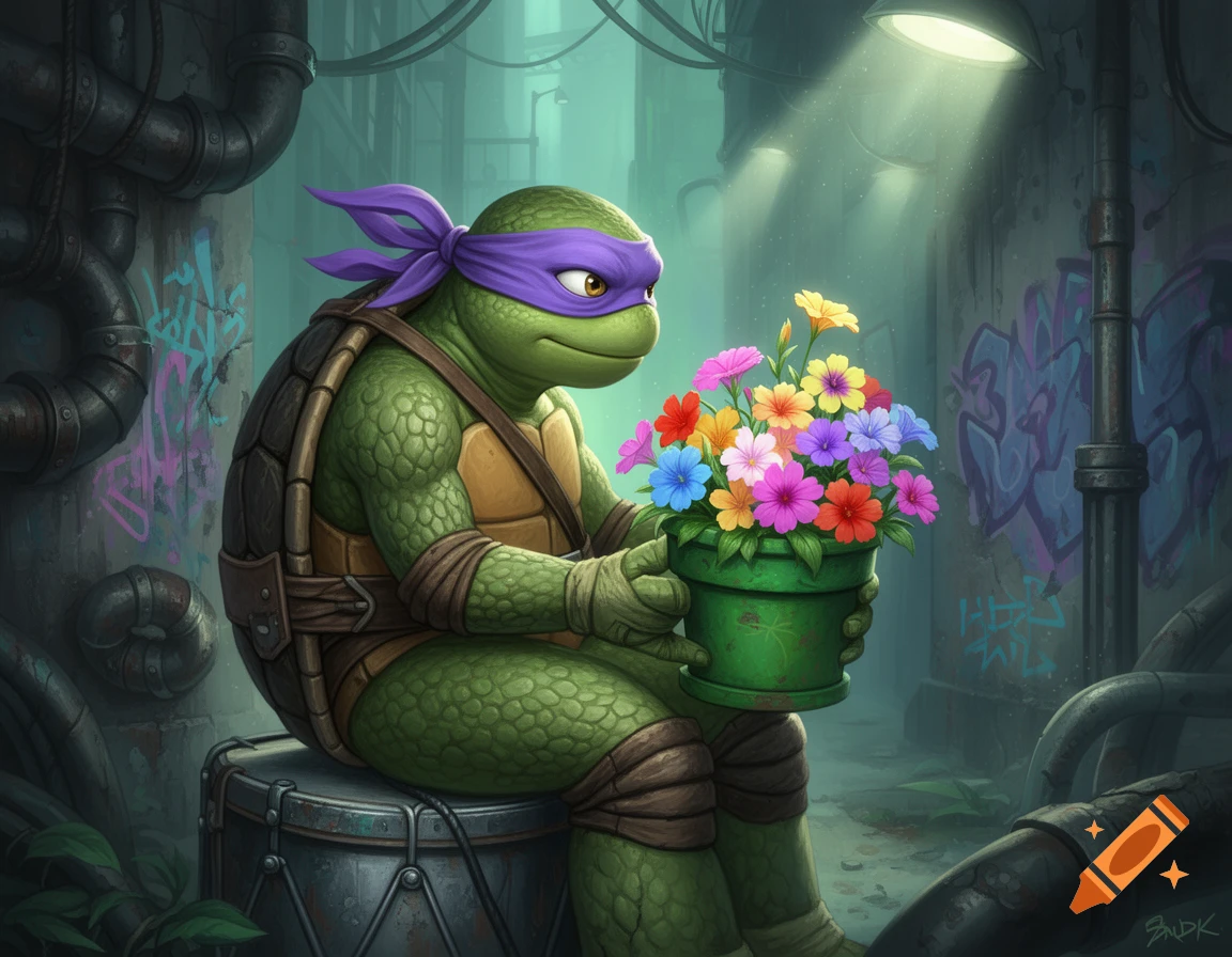 Donatello from Teenage Mutant Ninja Turtles sits on a barrel in a gloomy alley, holding a vibrant pot of colorful flowers.