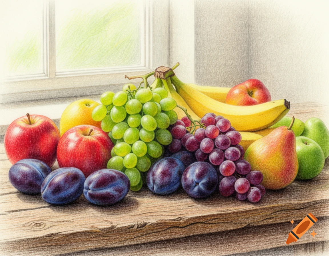 A colorful fruit still life, featuring apples, green and red grapes, bananas, plums, and a pear, drawn with colored pencils on a wooden table near a window.