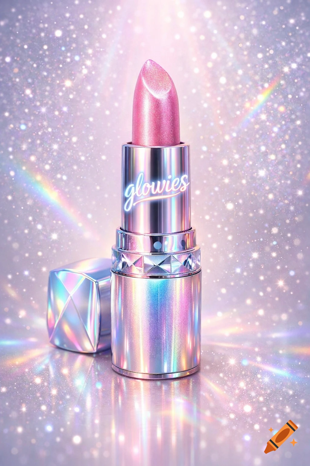 Pink 'glowies' lipstick on a shimmering, holographic background with glitter and rainbow light flares.
