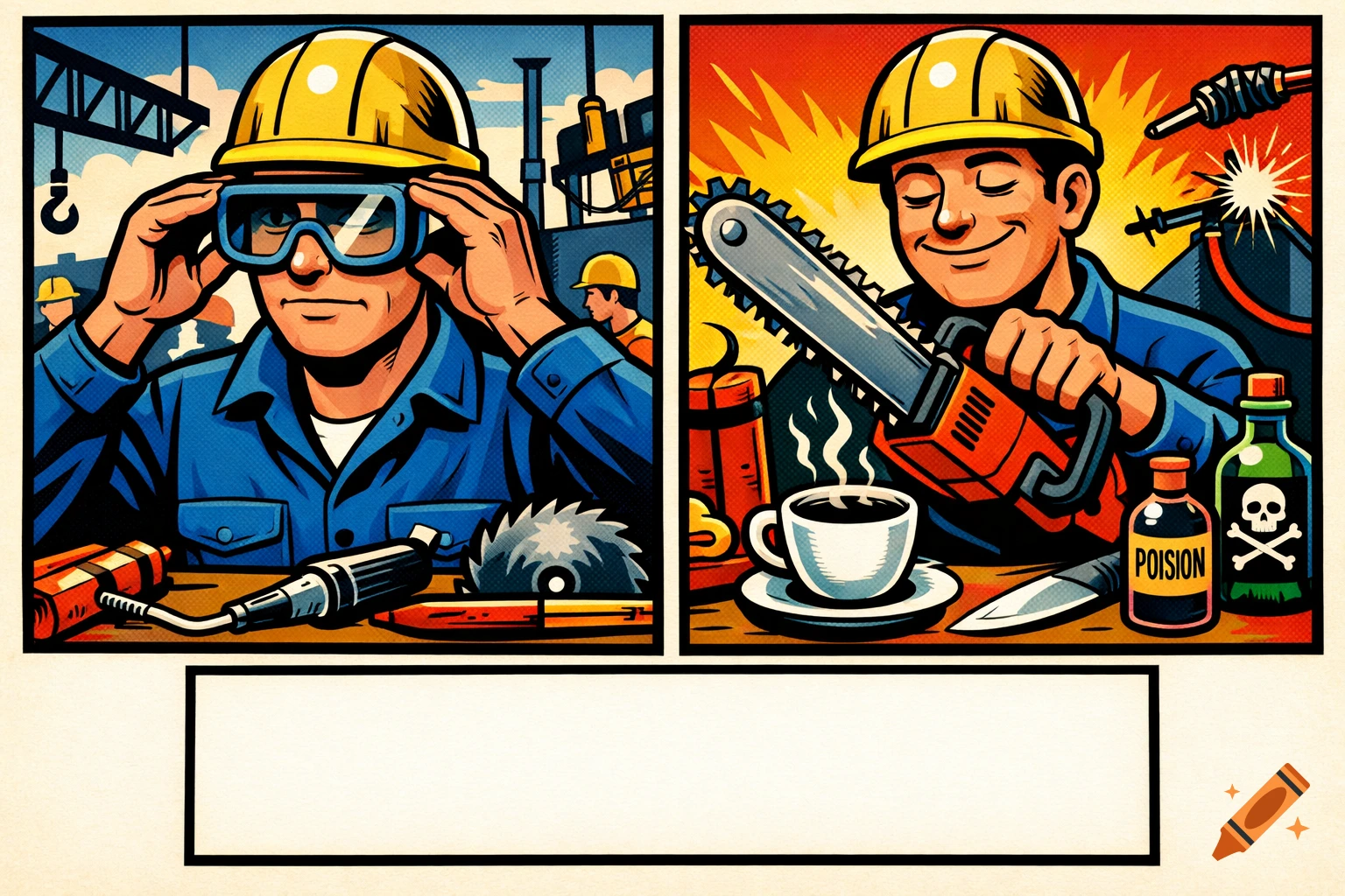 Two-panel comic in a vibrant, bold style. Left: A worker in a hard hat carefully puts on safety goggles. Right: The same worker smiling, holding a running chainsaw over a cup of coffee next to bottles labeled 'POISION' and a skull and crossbones symbol.