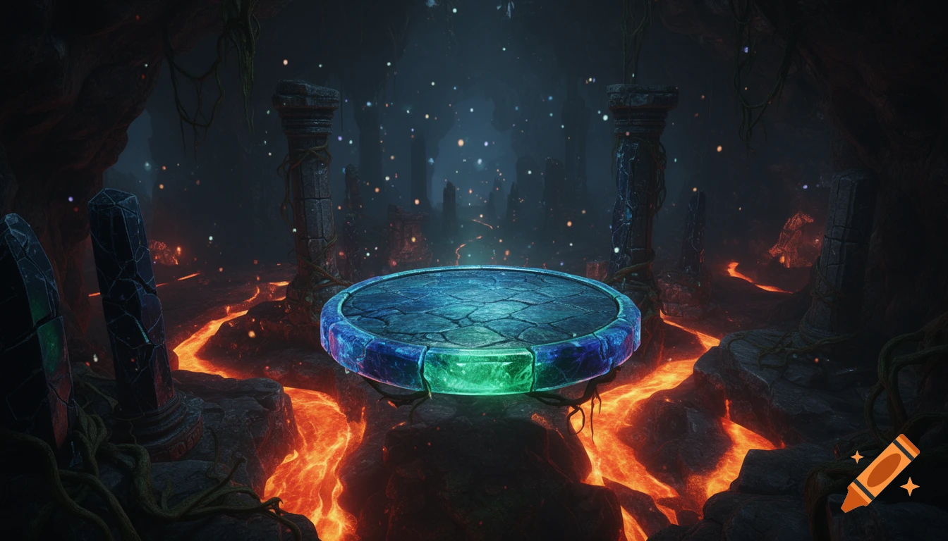A glowing blue and green platform sits amidst flowing lava and ancient stone pillars in a dark underworld cave, resembling a video game environment.