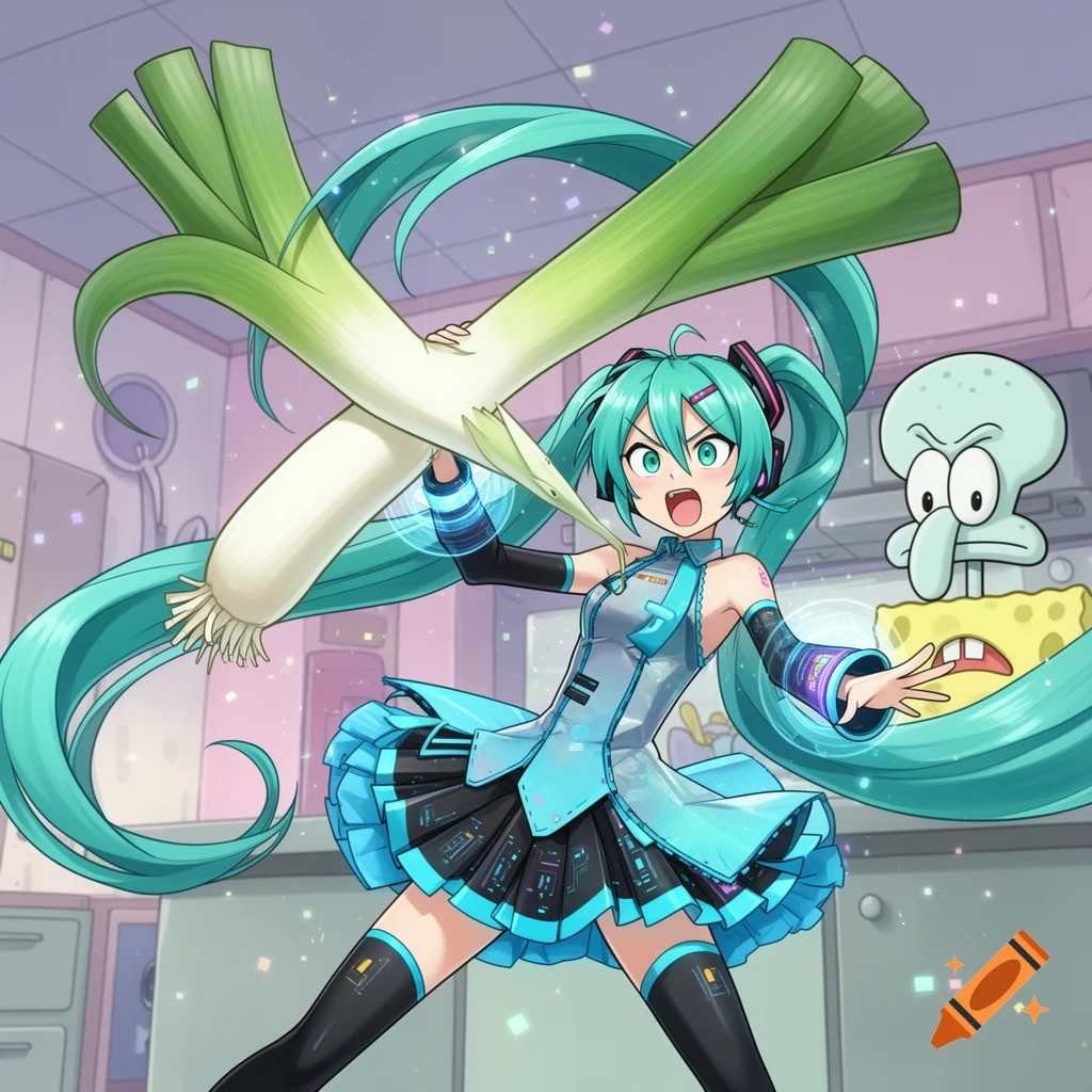 Anime-style Hatsune Miku in a blue outfit holds a giant leek. Squidward and Spongebob are in the background.