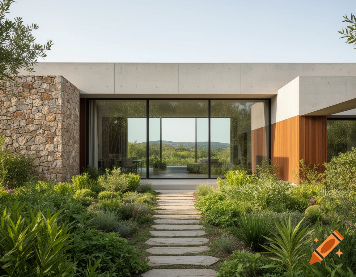 Photorealistic image of a modern house with stone and concrete facade, large glass windows, and a lush green garden path.