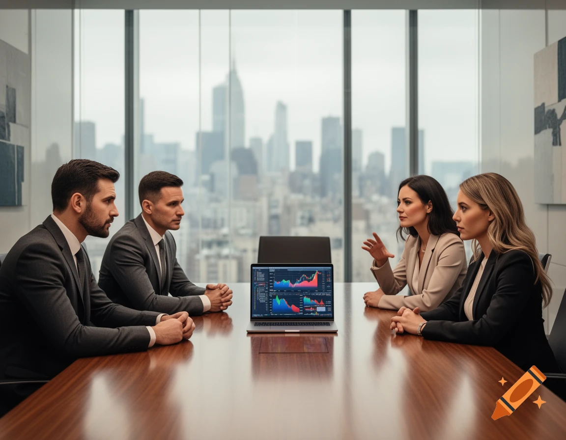 Four business professionals in suits at a conference table with a laptop showing financial charts, overlooking a city skyline.