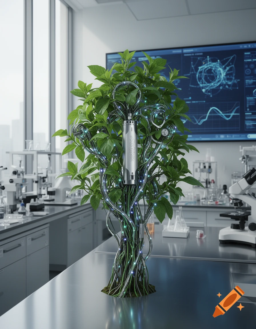 A plant cyborg with wires and metal sits on a lab counter, with screens displaying data in the background, photorealistic style.