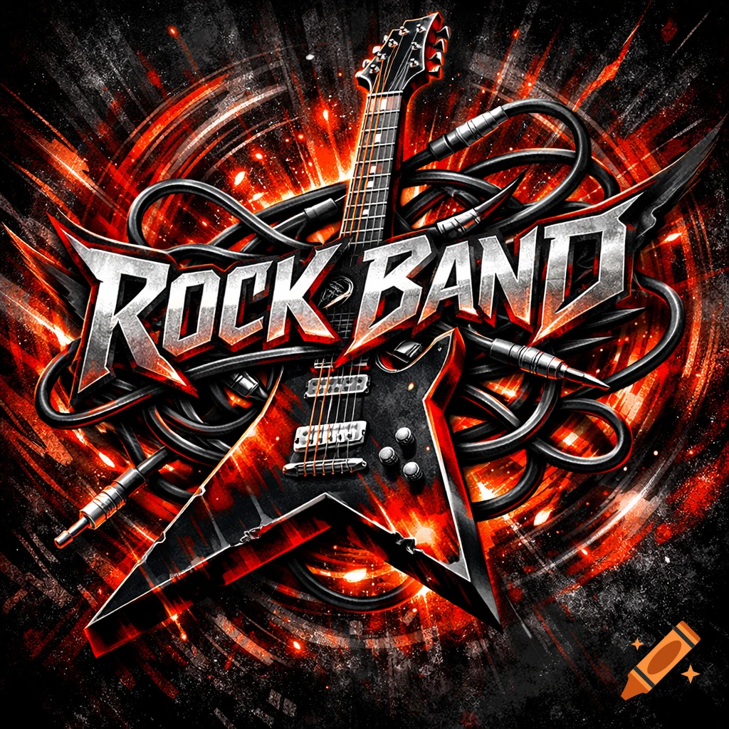 A fiery rock band logo with a black electric guitar, tangled cables, and text 'ROCK BAND' on a red and black explosive background.