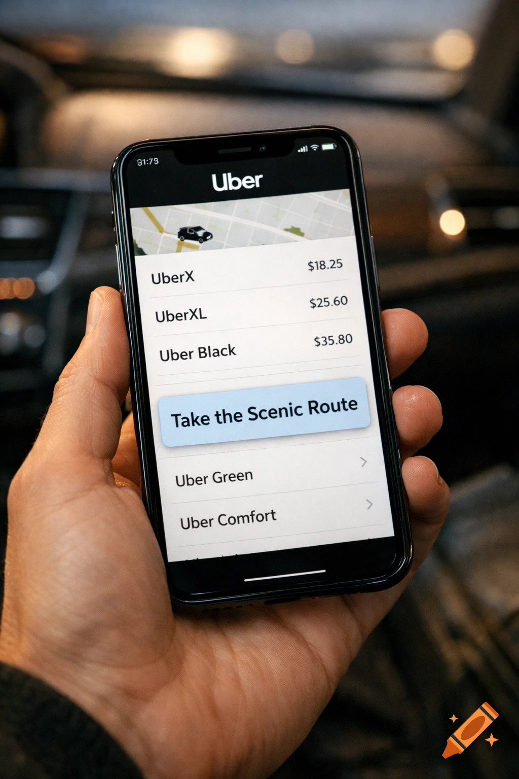 A close-up of a hand holding a smartphone displaying the Uber app with "Take the Scenic Route" option visible on the screen.