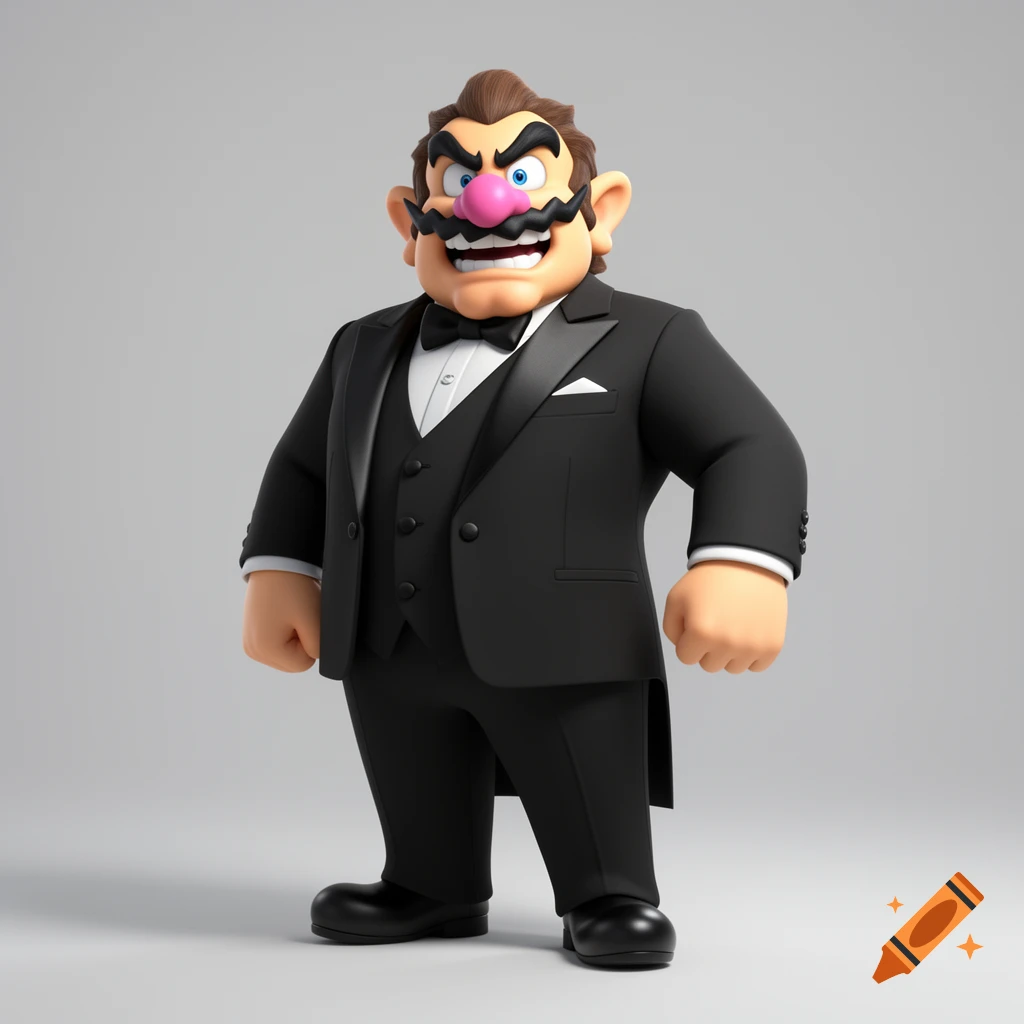 3D render of Wario in a black tuxedo, standing confidently with a pink nose and black mustache, on a gray background.