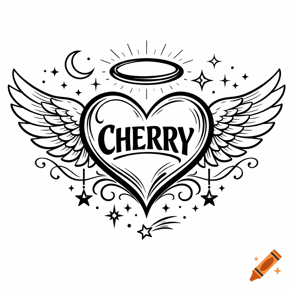 Black and white line art illustration of a heart with wings, halo, moon, and stars, with the word CHERRY.