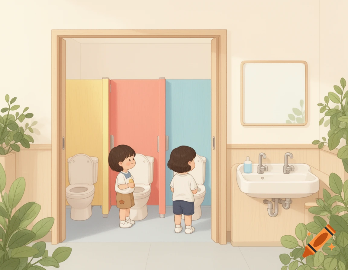 Gentle illustration of two young children in a brightly colored kindergarten bathroom with toilet stalls, a sink, and plants.