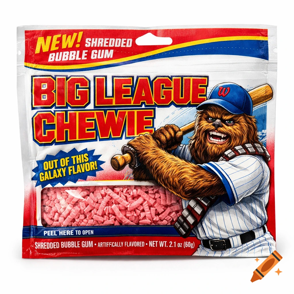 Photorealistic shredded bubble gum pouch labeled 'BIG LEAGUE CHEWIE', featuring a Wookiee-like baseball player in uniform holding a bat, on a white background.