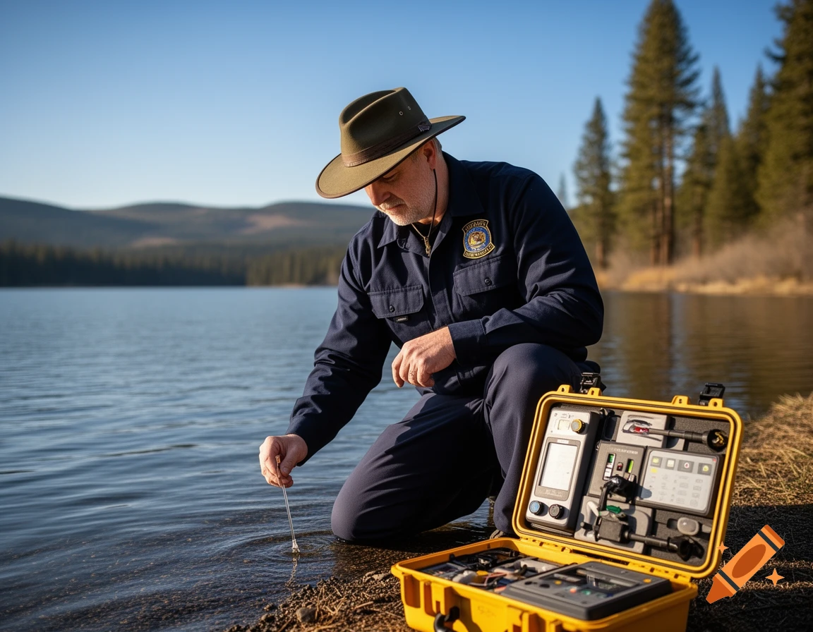 A man in a hat and uniform kneels by a lake, taking a water sample with testing equipment in a yellow case nearby.