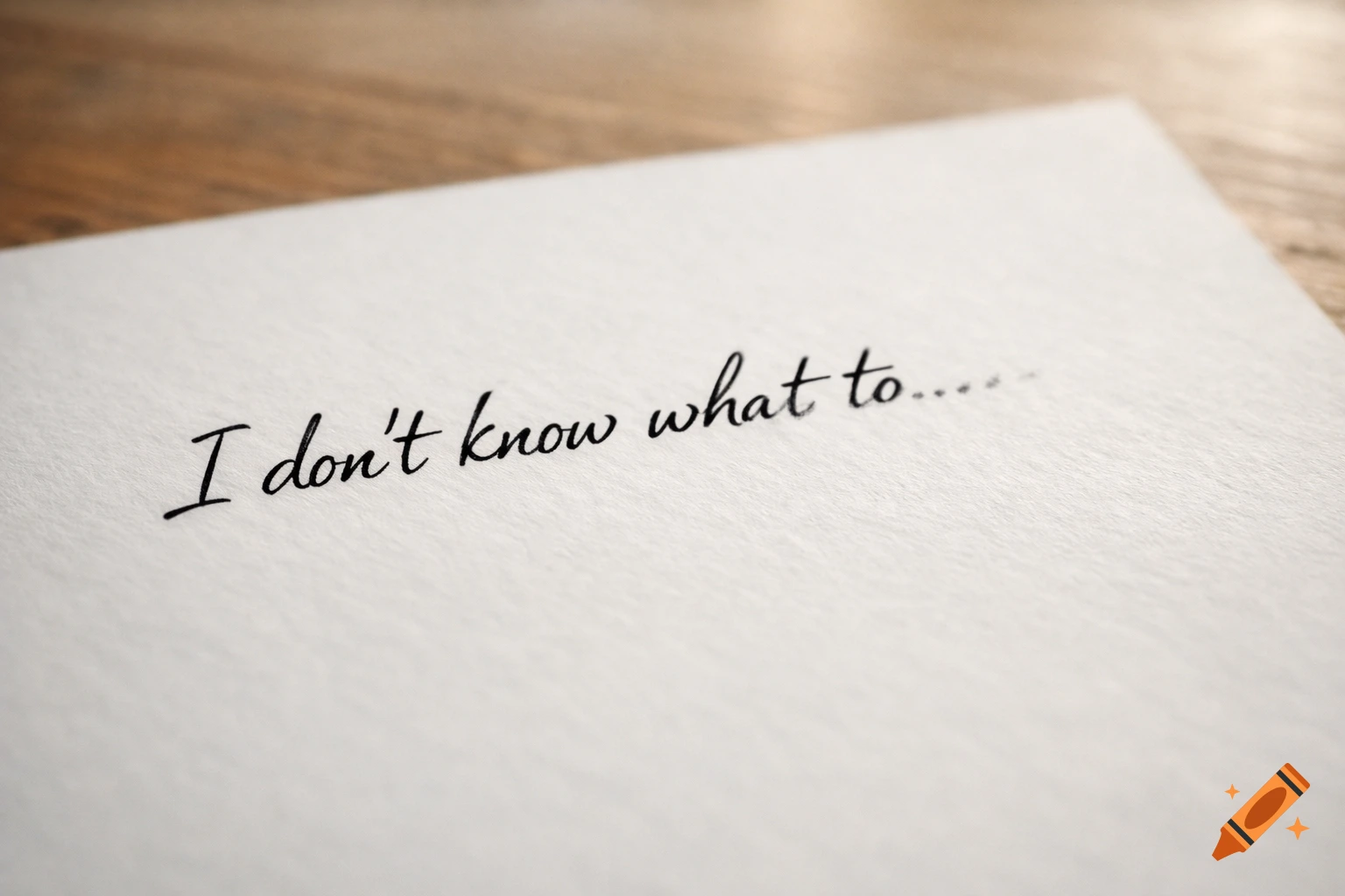 Close-up of "I don't know what to..." written in cursive script on white paper, with a blurred wooden background.