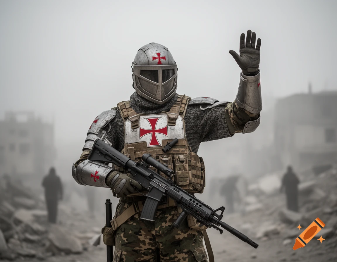 A warrior in a helmet, medieval armor with red crosses, and modern military gear holds a rifle and raises a gloved hand, standing in a foggy, destroyed urban landscape.