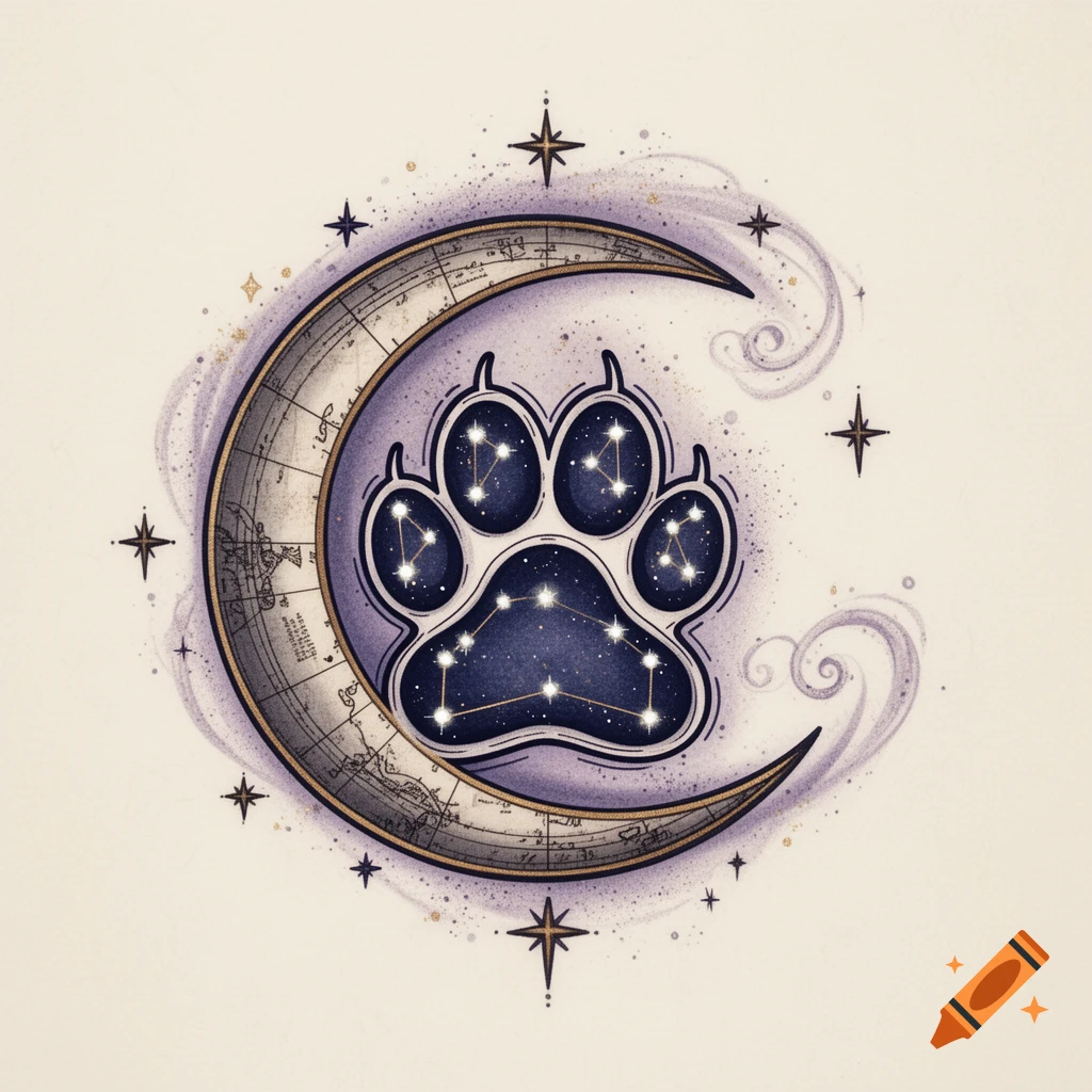 A mystical tattoo design of a cat paw as a constellation with stars, set in a crescent moon with map texture, surrounded by cosmic dust.