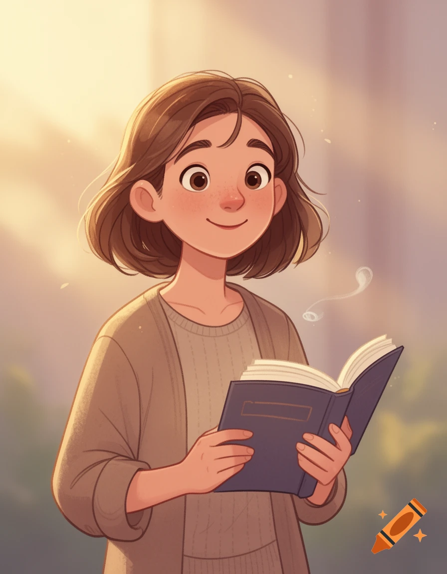 Smiling cartoon woman with short brown hair, wearing a cardigan, holding an open book against a warm, sunlit background.