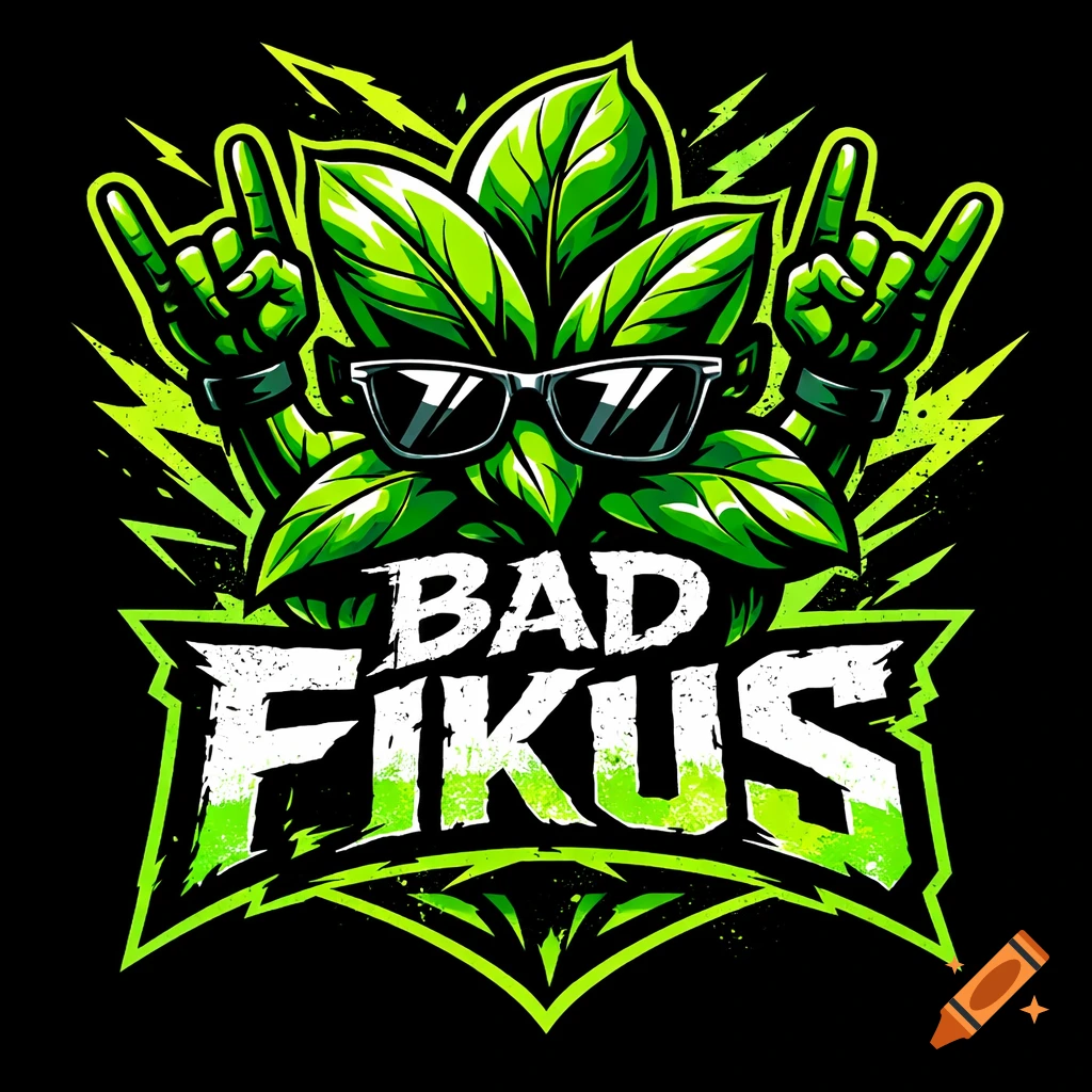 Green plant character with sunglasses and rock-on hands, with 'BAD FIKUS' text, in a stylized logo with electric green accents.