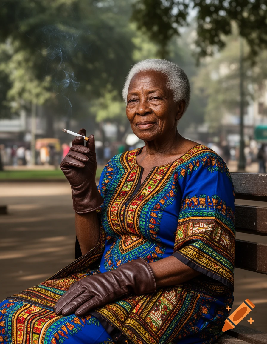 Elderly Nigerian woman with grey hair in a traditional blue and orange dress and leather gloves, smoking a cigarette outdoors.