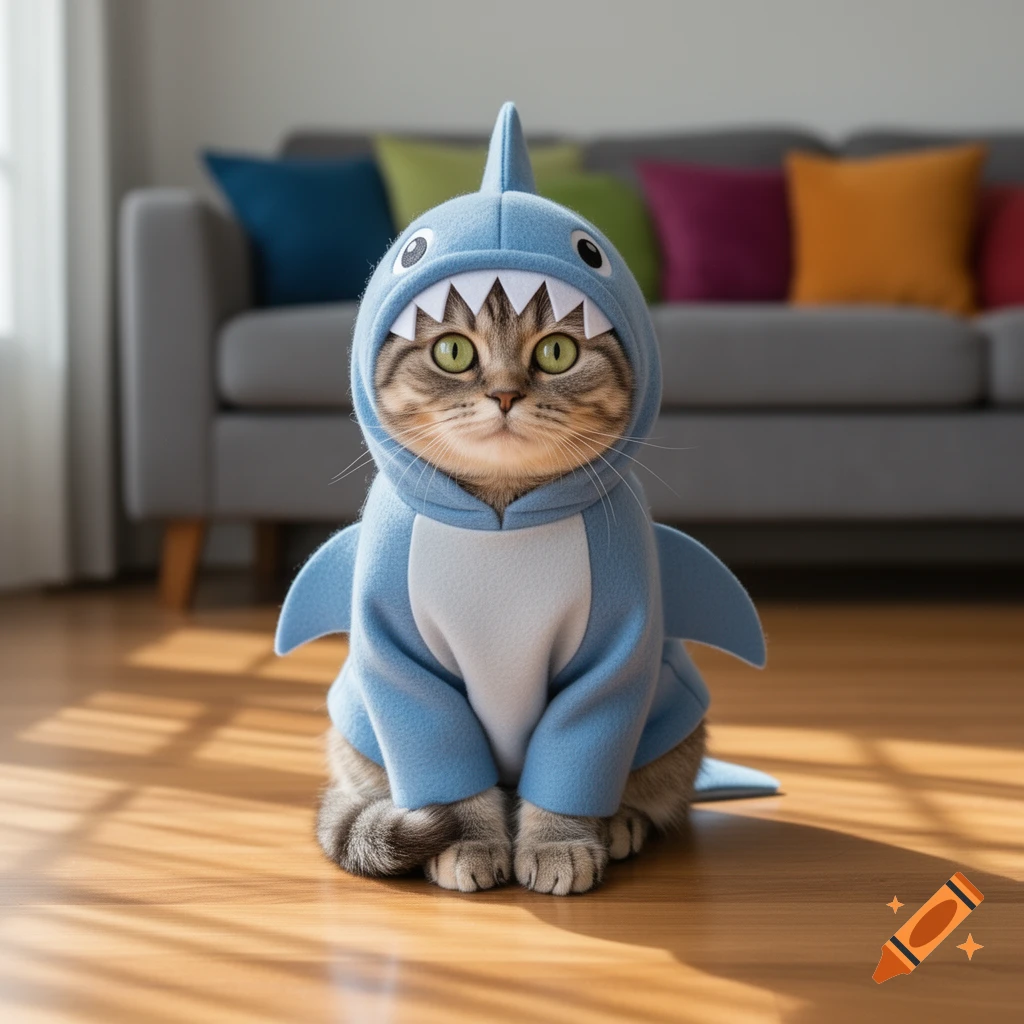 A photorealistic cat with green eyes sits on a wooden floor wearing a light blue shark costume in a living room.