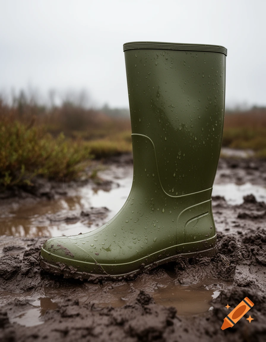 A single dark green rubber boot covered in water droplets stands in deep, wet mud with reflections, in a marshy, overcast landscape.