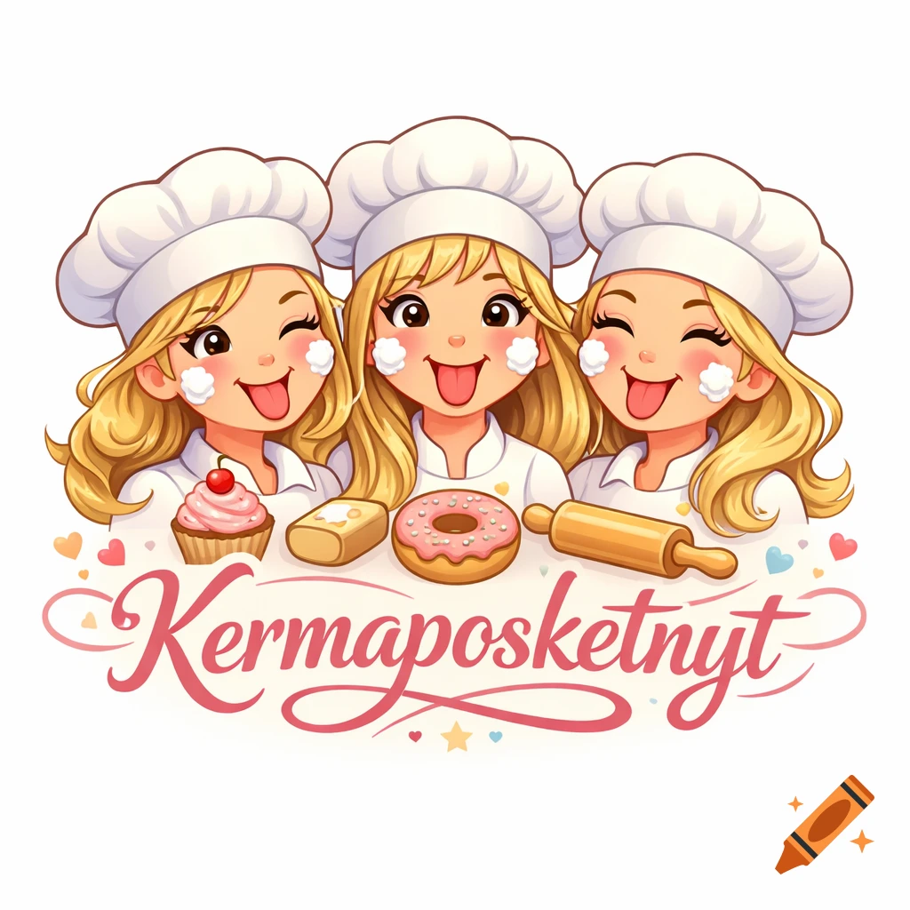 Cute cartoon logo of three blonde female bakers with whipped cream cheeks, sticking out tongues, with a cupcake, donut, and 'Kermaposketnyt' text.