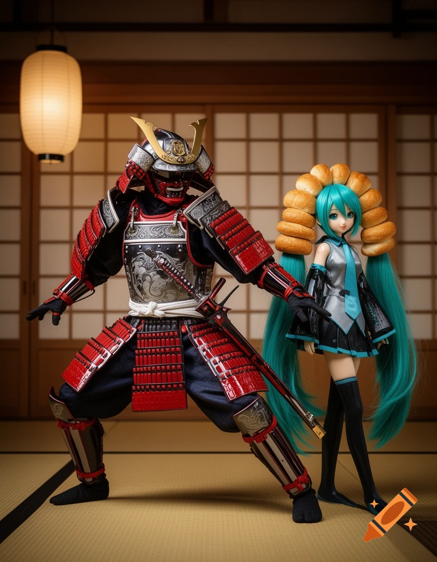 A samurai figure in red and black armor and a Hatsune Miku doll with bagels in her teal pigtails stand in a traditional Japanese room.
