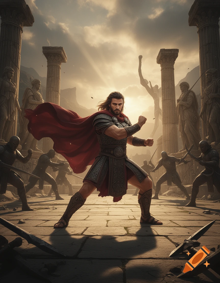 A muscular warrior in ancient Greek armor and a red cape stands in a fighting pose amidst crumbling ruins, surrounded by other armored figures at sunset.