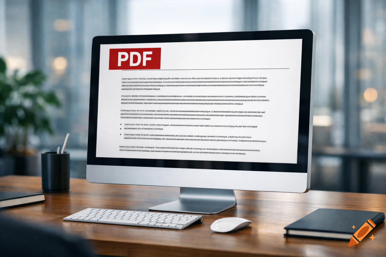 A computer monitor displaying a PDF document with Lorem ipsum text on a wooden desk with a keyboard, mouse, and notebook.