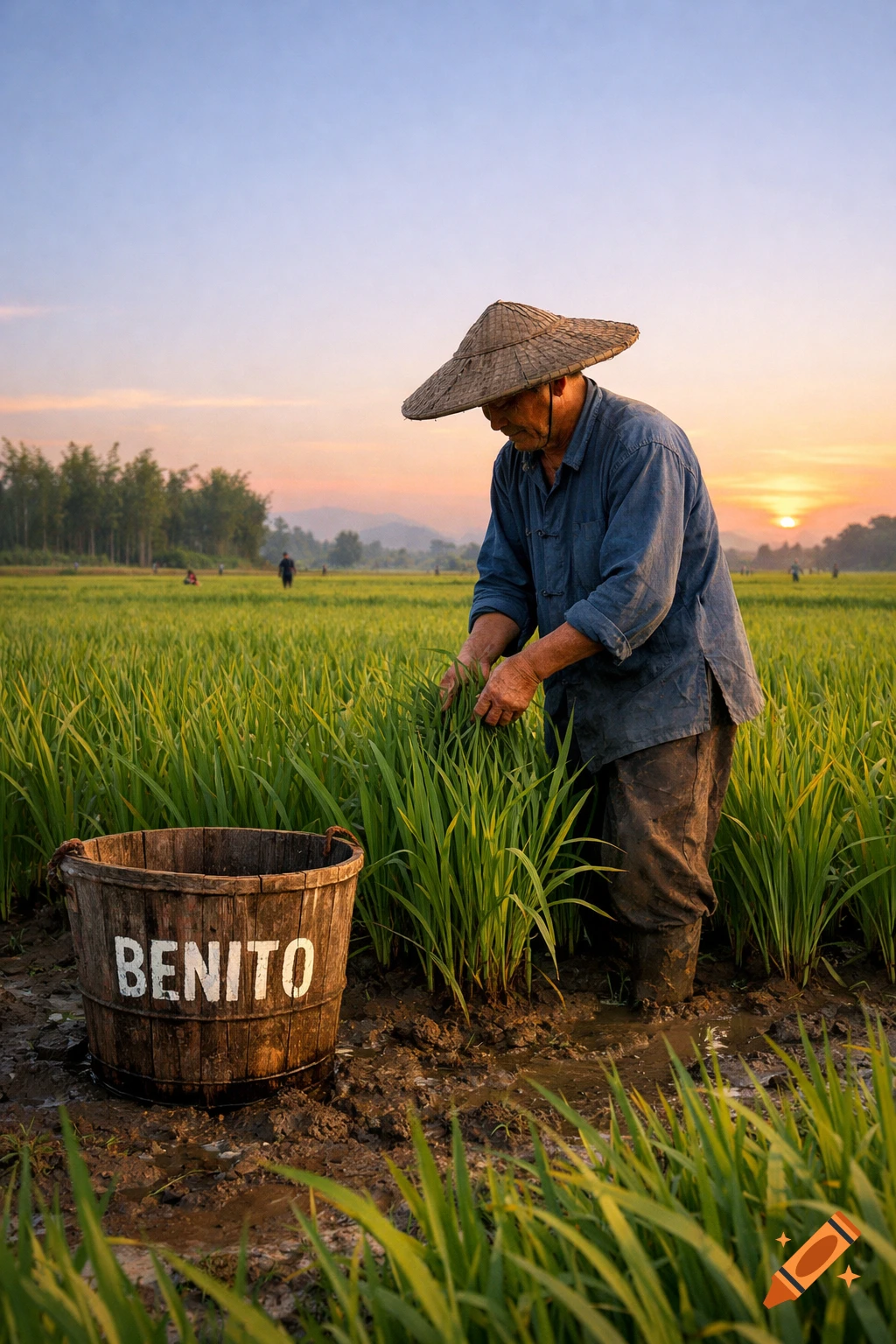 Photorealistic image of a farmer working in a rice field at sunset, with a wooden bucket marked 'BENITO'.
