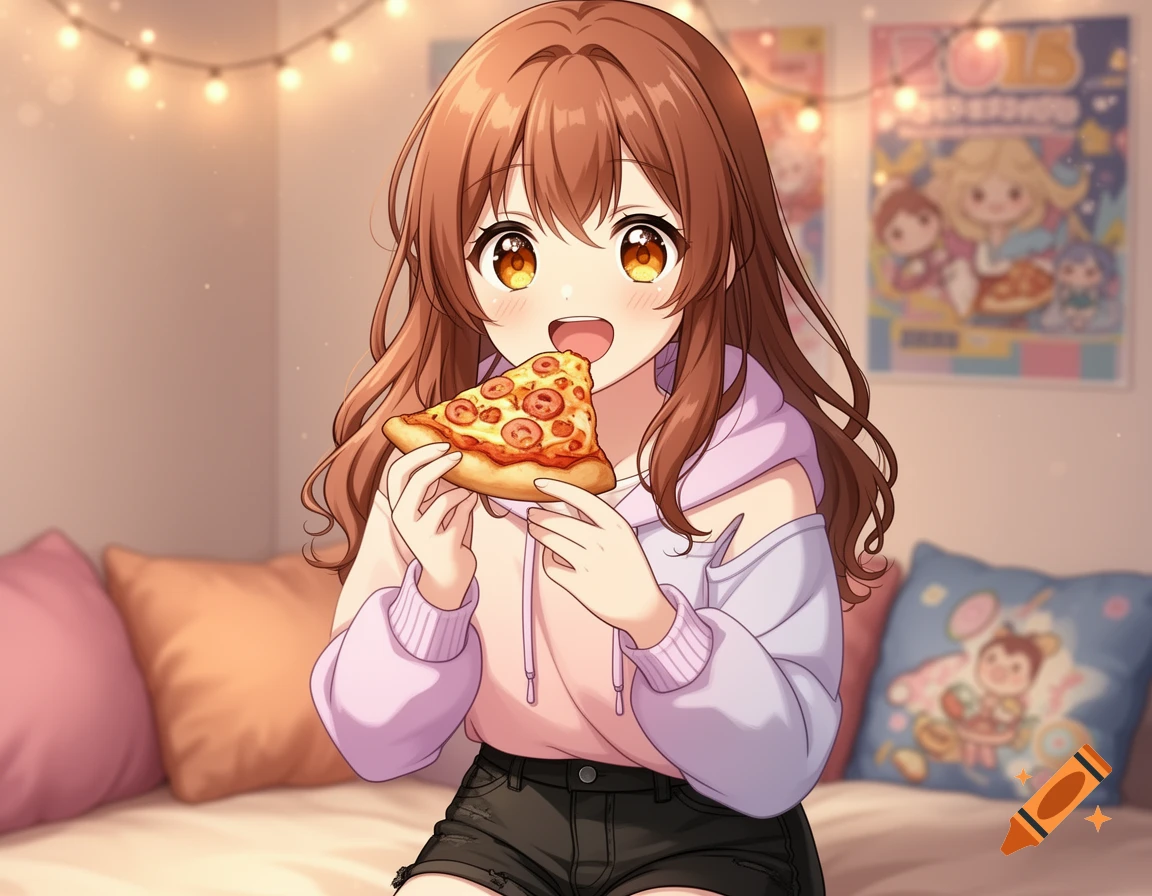 An anime girl with brown hair in a hoodie and shorts sits on a bed, happily eating a slice of pizza in a room with fairy lights and posters.