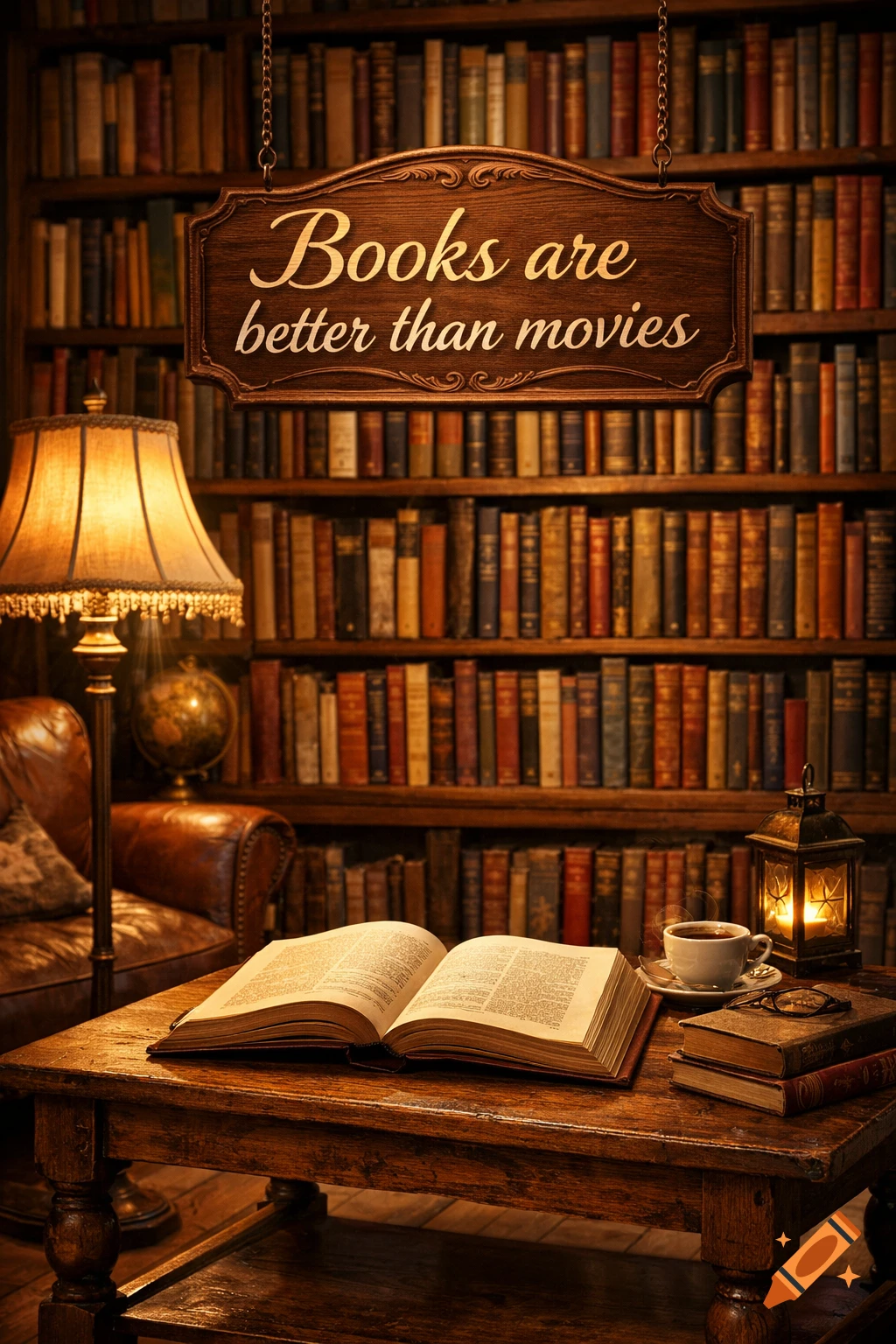 A photorealistic image of a cozy library with a sign reading 'Books are better than movies', an open book, coffee, and a lantern on a wooden table.