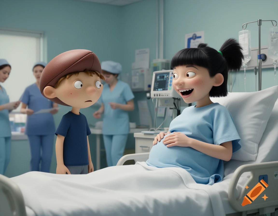 A smiling animated pregnant woman in a hospital bed with an animated boy in a football helmet looking concerned beside her.