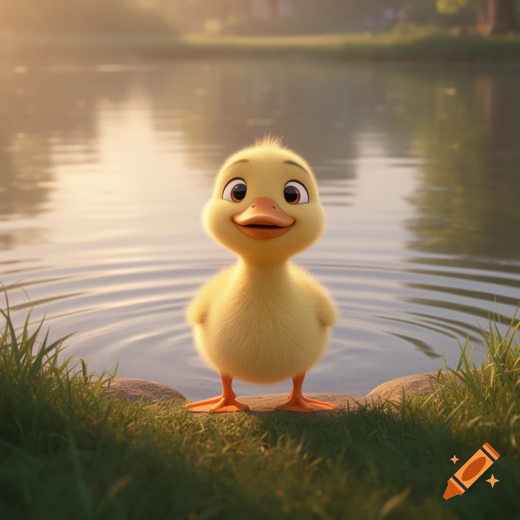 A cute, fluffy yellow duckling with big eyes stands by a pond in early morning light, in a Pixar-like 3D animated style.