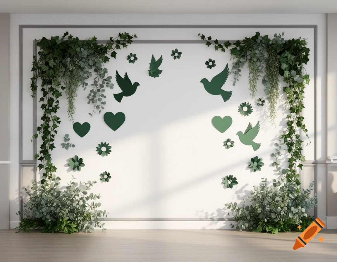 Decorative photo wall with green ivy, hanging eucalyptus, paper doves, hearts, and flowers on a white background with a grey frame.