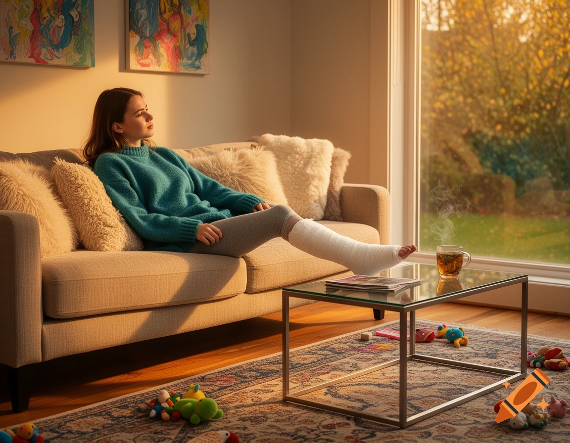 Young woman with a leg cast relaxes on a couch in a sunlit living room with tea.