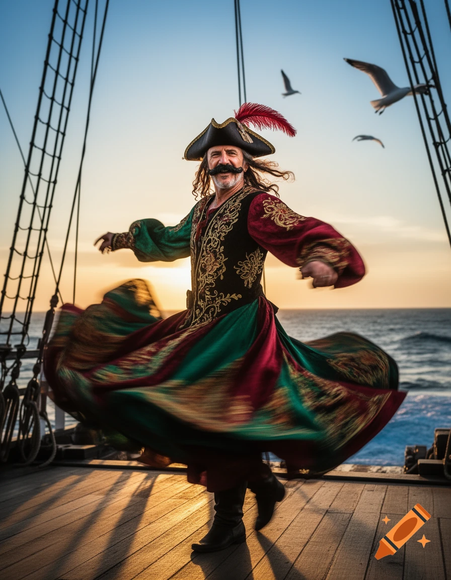 Moustached man in ornate pirate hat and flowing green/red dervish dress twirling on a ship's deck at sunset.